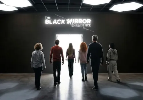 People entering The Black Mirror Experience in Madrid