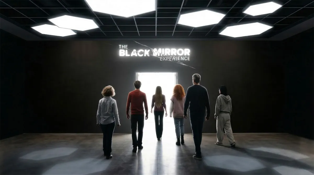 People entering The Black Mirror Experience in Madrid