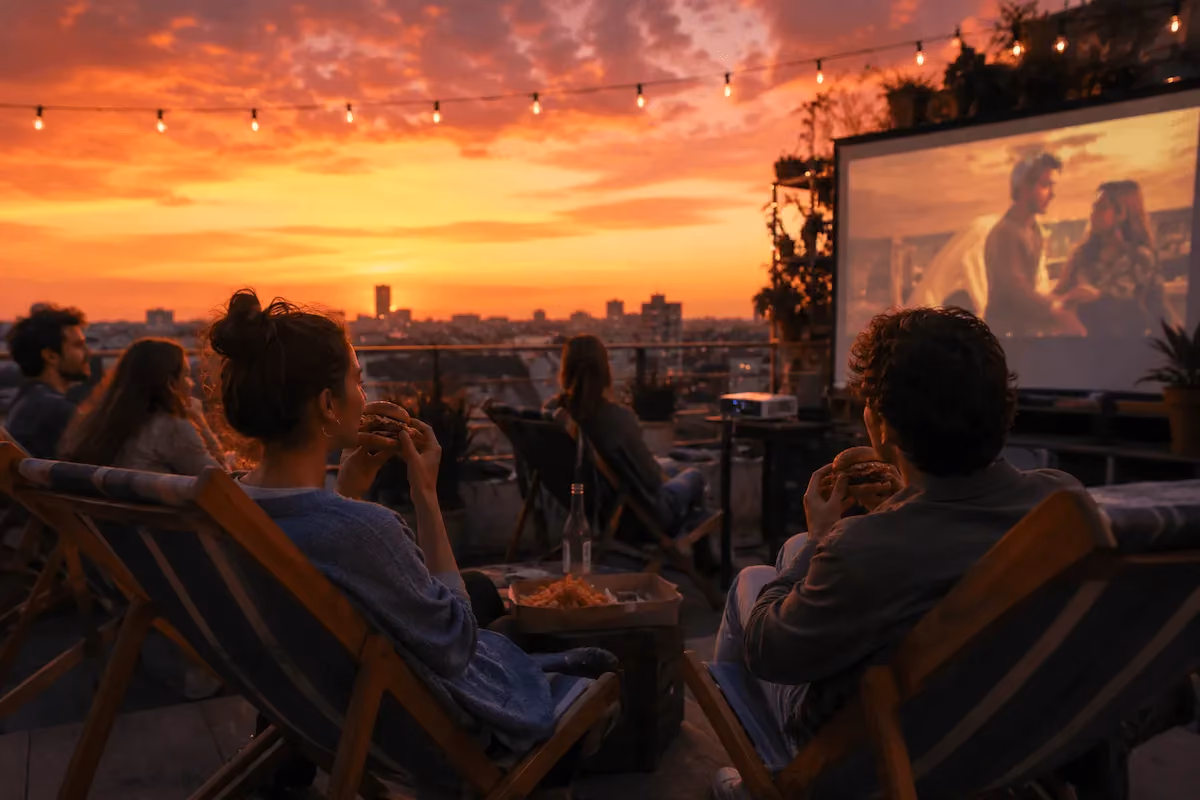 Rooftop outdoor cinema at dusk with people relaxing in deck chairs, enjoying burgers and wine while watching a movie