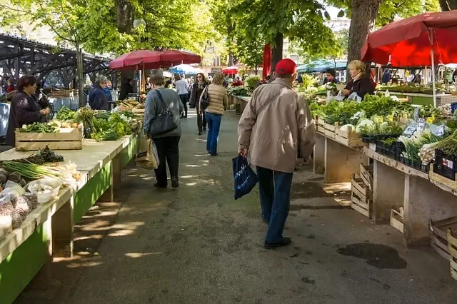Produce and food market, with people walking and shopping and vendors on both sides.