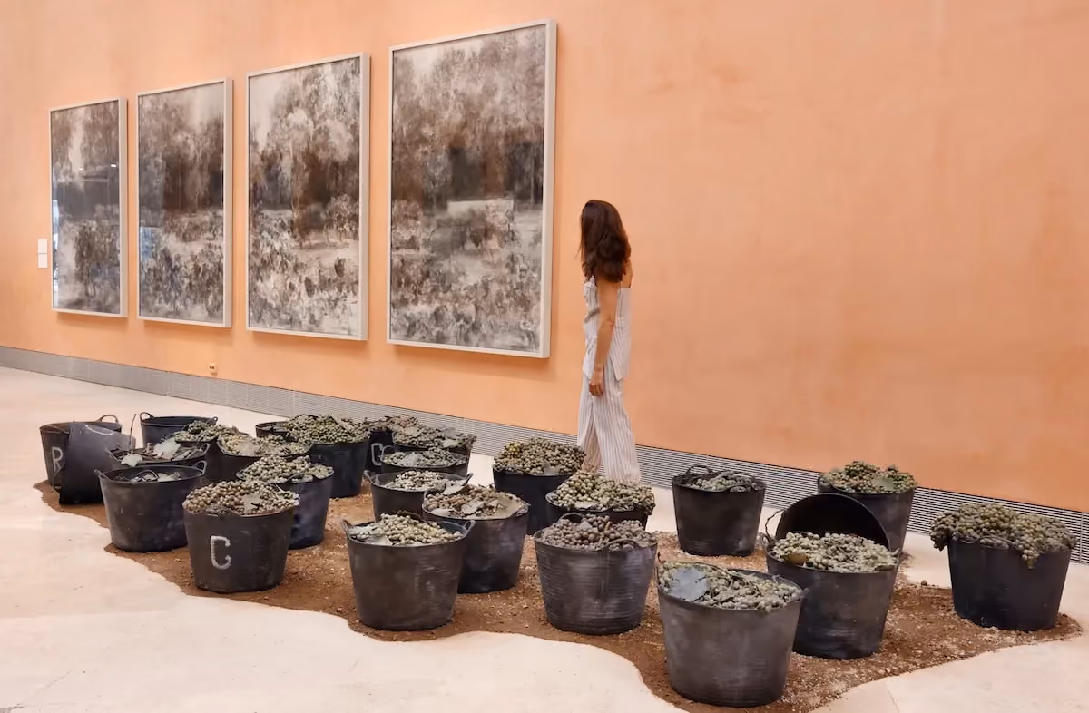 Lady walking through an artwork of Carmen Laffón at the Thyssen.