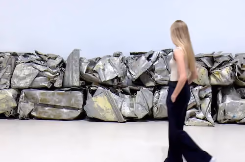 Una persona caminando junto a la instalación de metal comprimido de Fernando Sánchez Castillo.