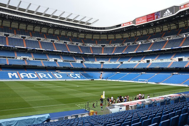 Wide view of the interior of the Santiago Bernabéu stadium in Madrid