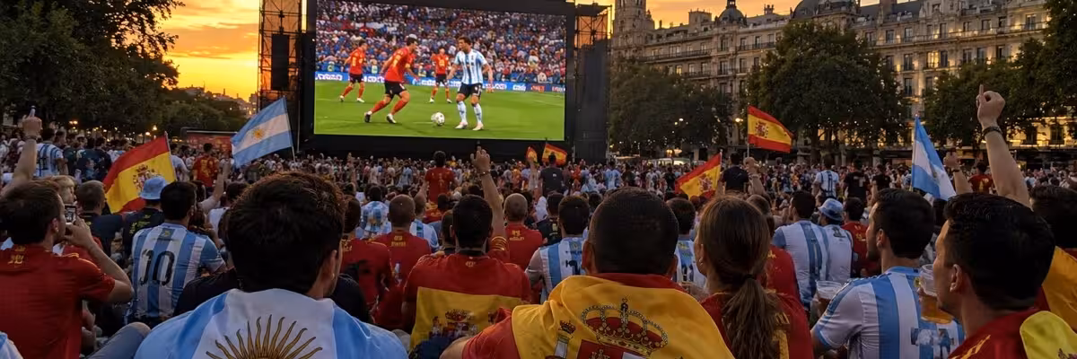 Multitud viendo la final de la Copa Mundial 2026: España contra Argentina
