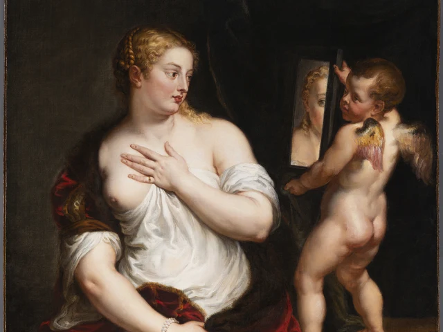 Detail of Rubens's restored painting Venus and Cupid, showing Venus and Cupid at the mirror