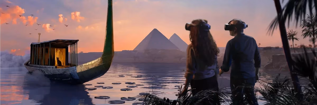 VR visitors beside an ancient Egyptian boat, facing the Giza pyramids at sunset