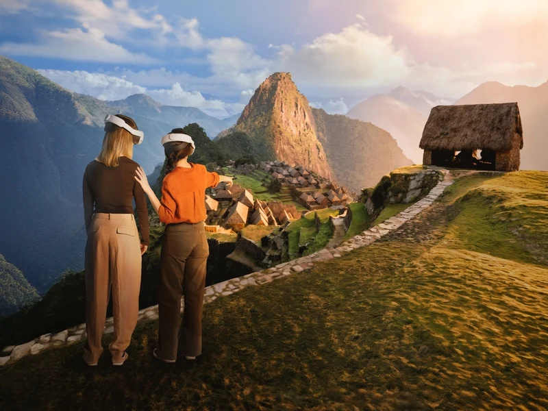Two visitors wearing VR headsets look out over a virtual reconstruction of Machu Picchu and its peak.
