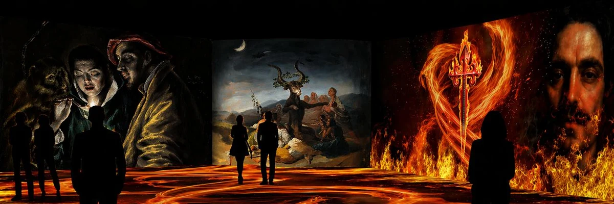 Visitors walk among fiery floor projections and screens showing El Greco, Goya and a fire-wreathed dagger at Nomad Museo Inmersivo.