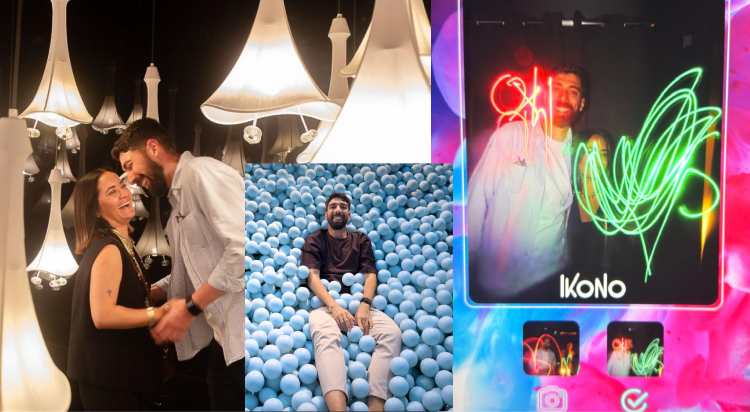 Couple enjoying interactive rooms and immersive installations at IKONO Madrid.