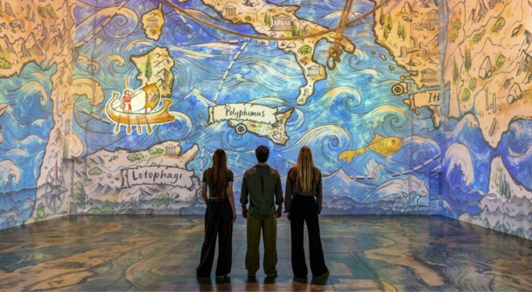 Visitors explore a colorful immersive exhibition inspired by Homer's Odyssey.