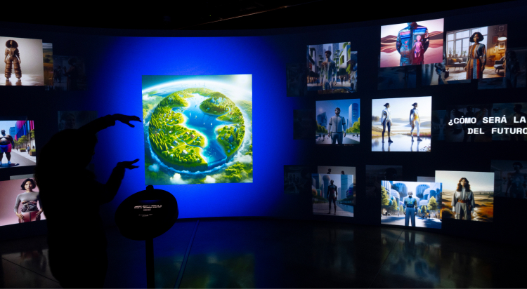 Visitors explore a futuristic digital art exhibition with immersive screens.