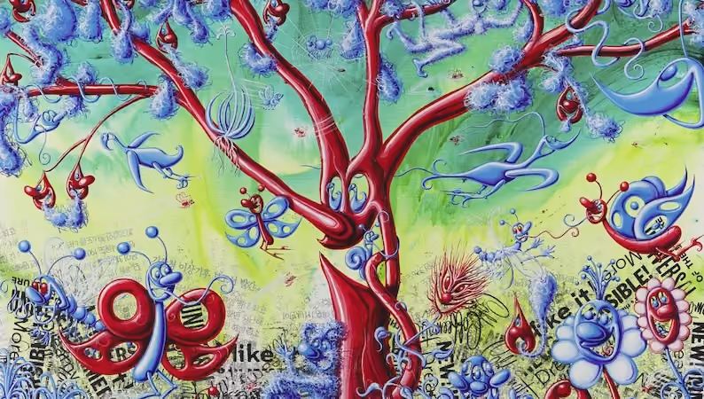 Kenny Scharf’s colorful “Junglematic” artwork featuring a red tree and whimsical blue and red creatures.