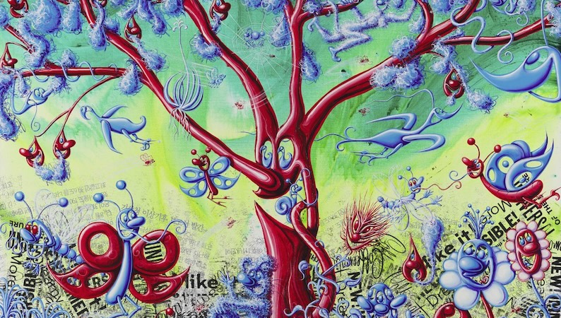 Kenny Scharf's colourful Junglematic artwork featuring a red tree and whimsical blue and red creatures