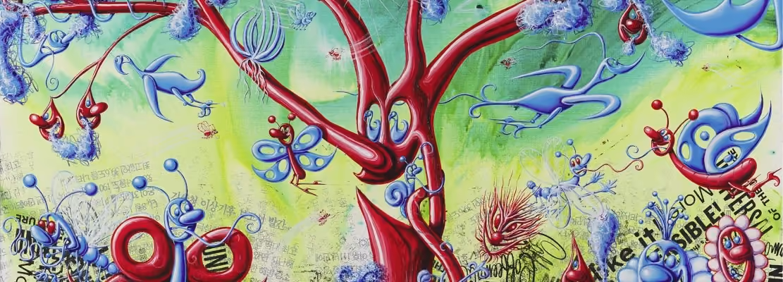La colorida obra «Junglematic» de Kenny Scharf, que presenta un árbol rojo y criaturas fantásticas en azul y rojo.