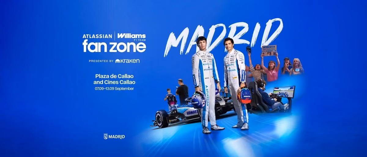 Zona de aficionados de Atlassian y Williams F1 en Madrid, con la presencia de los pilotos y el monoplaza de F1 del equipo