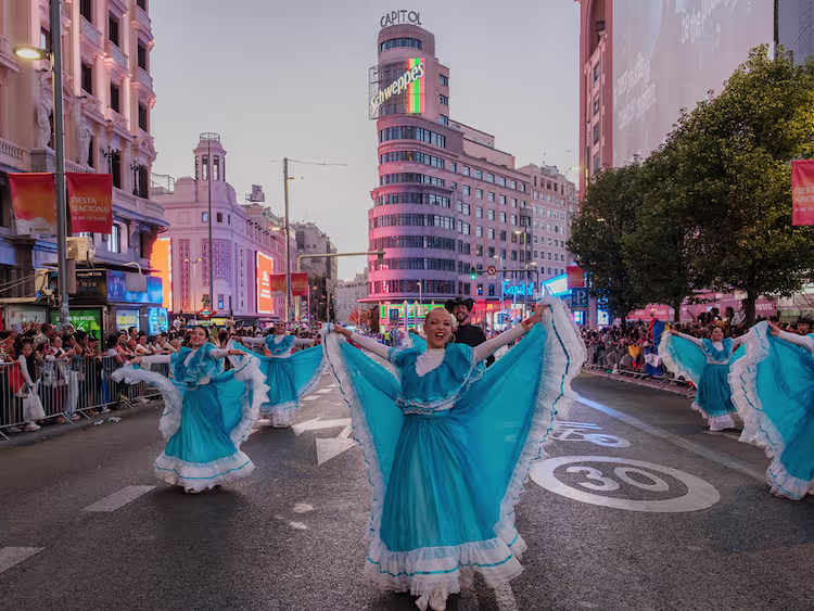 Dancers performing and celebrating Hispanidad on Gran Vía in Madrid