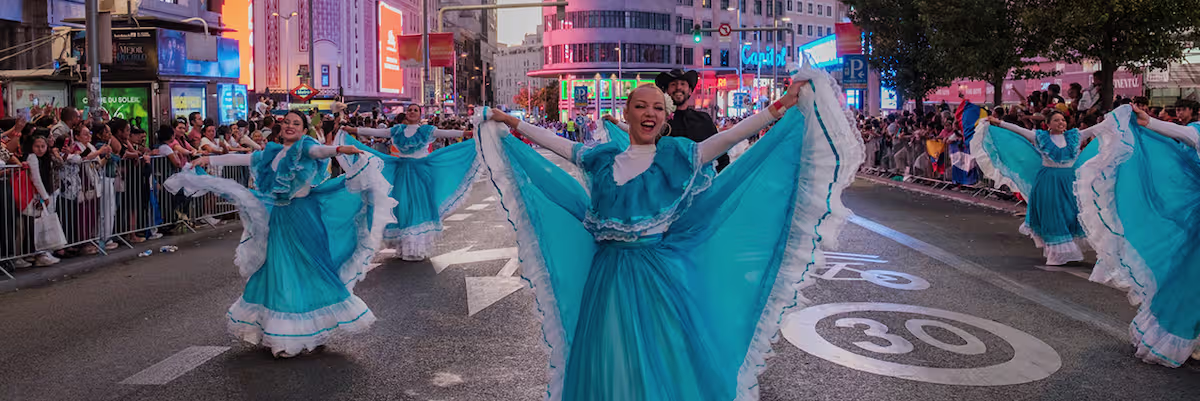 Dancers performing and celebrating Hispanidad on Gran Vía in Madrid