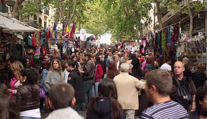 El Rastro Sunday flea market in Madrid, viewed from Calle Ribera de Curtidores