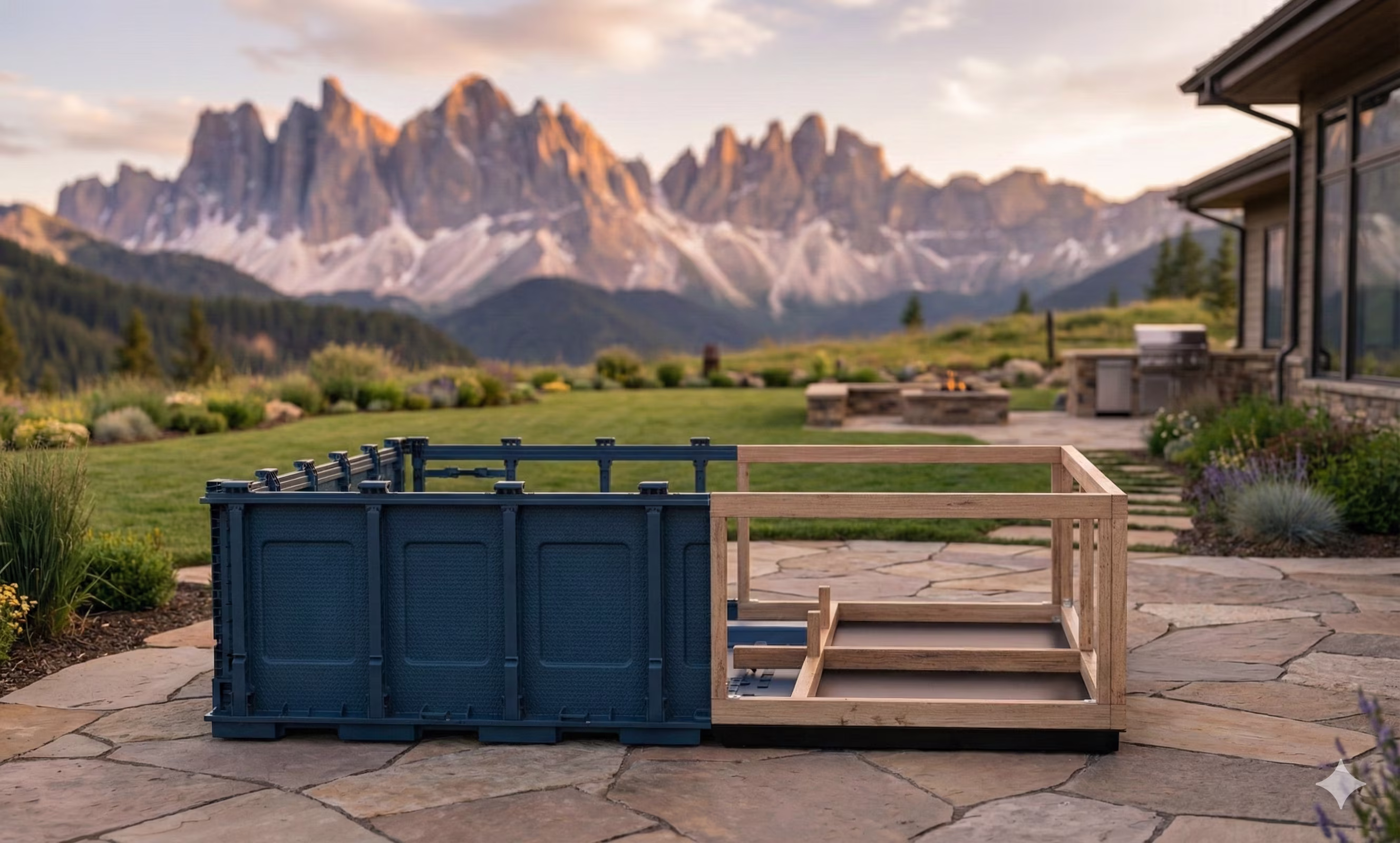 Spa frame on stone patio with mountain view in background.