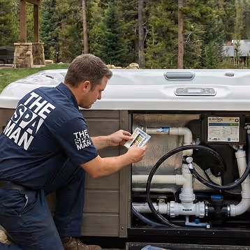 Technician in a navy uniform labeled 'THE SPA MAN' inspecting a spa's exposed plumbing and holding spa maintenance product instructions.