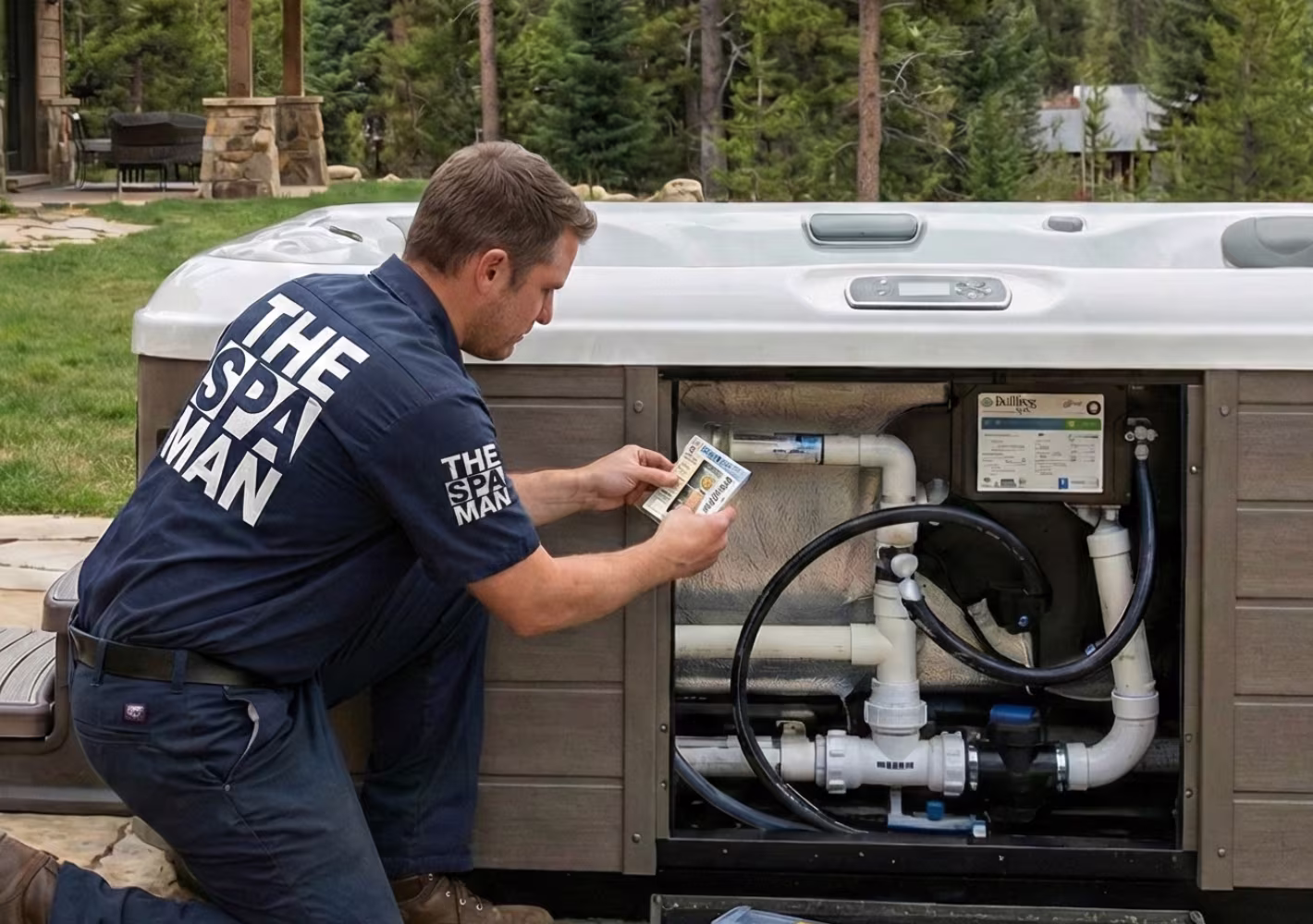 Technician in a navy uniform labeled 'THE SPA MAN' inspecting a spa's exposed plumbing and holding spa maintenance product instructions.