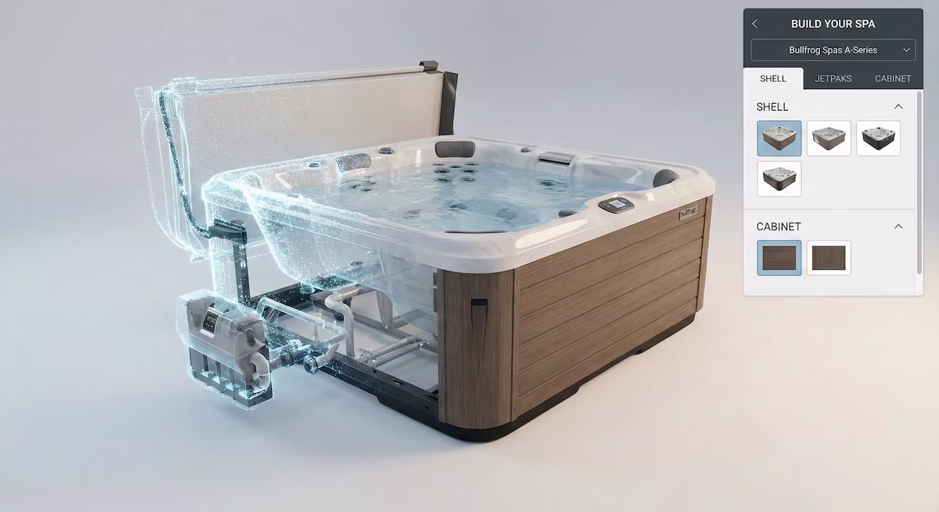 Cutaway view of a Bullfrog hot tub showing internal plumbing and equipment, alongside a spa customization menu.