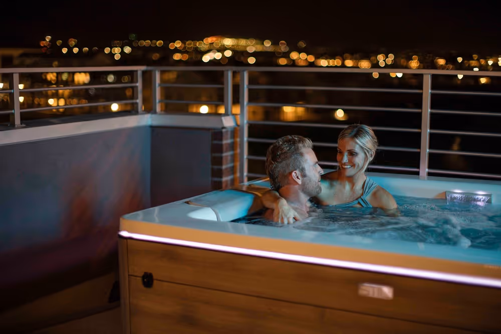 A couple enjoying a STIL spa with modern minimalist styling.