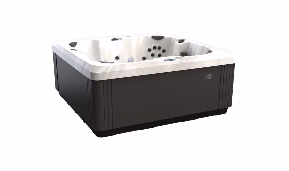 Calm 7 spa in Platinum Cliffside finish shown from a three-point angle.