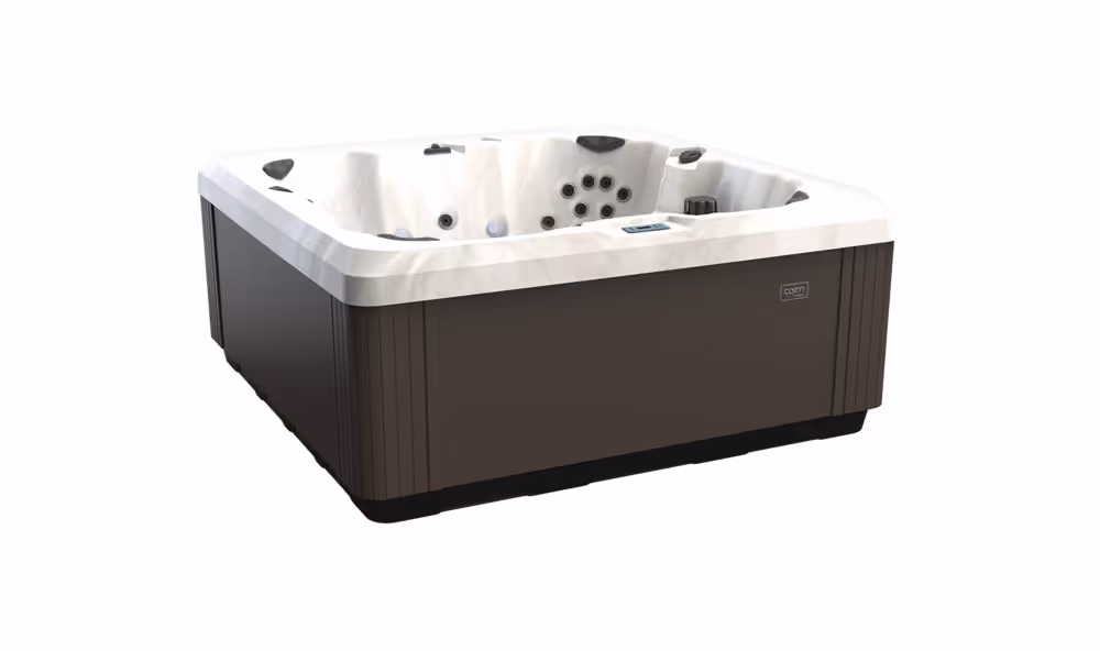 Calm 7 spa in Platinum Woodland finish shown from a three-point angle.