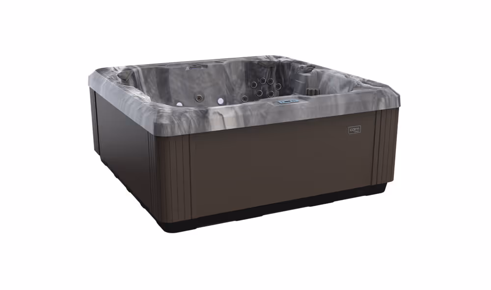 Calm 7 spa in Nightcloud Woodland finish shown from a three-point angle.
