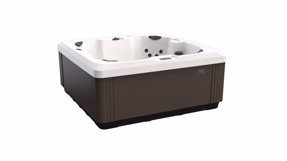 Calm 6 spa in Snow Woodland finish shown from a three-point angle.