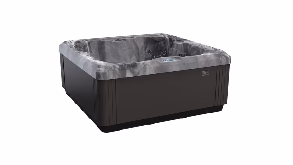 Calm 6 spa in Nightcloud Cliffside finish shown from a three-point angle.