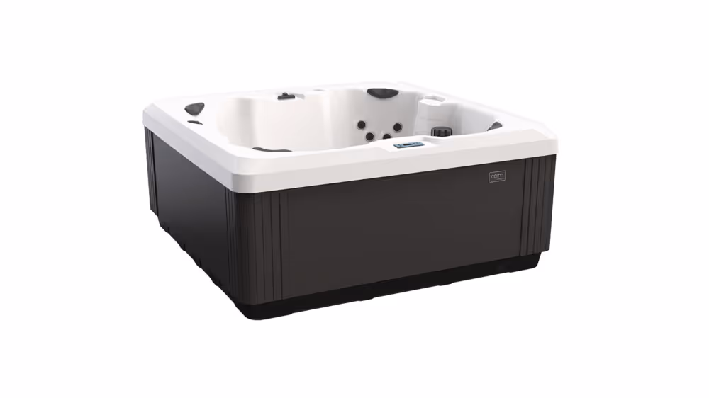 Calm 6 spa in Snow Cliffside finish shown from a three-point angle.