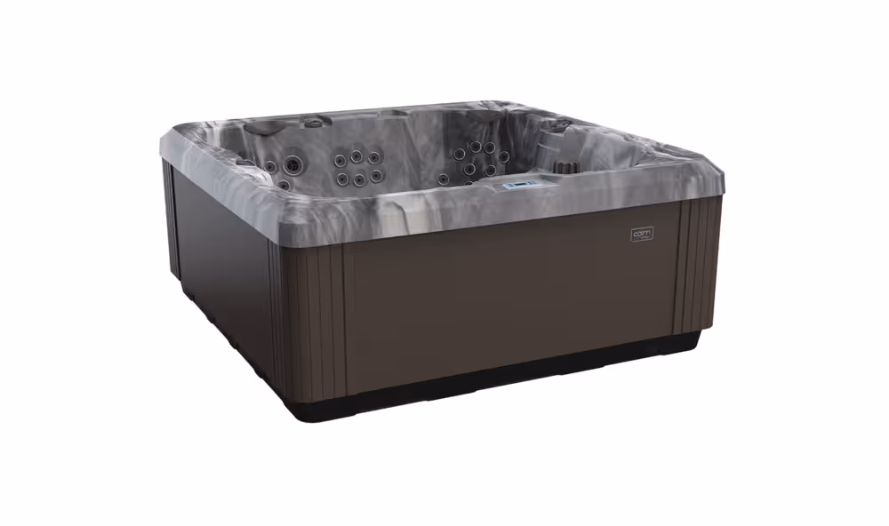 Calm 7L spa in Nightcloud Woodland finish shown from a three-point angle.