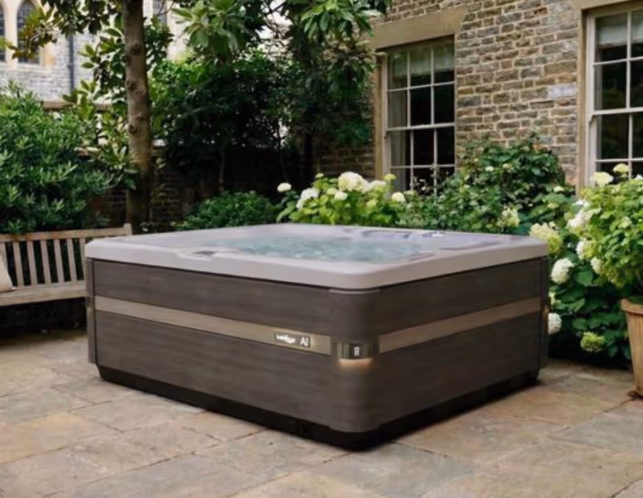 A5D spa installed outdoors in a residential backyard lifestyle setting.