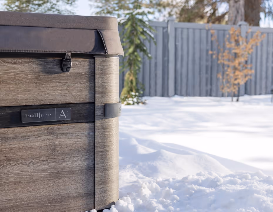 Close-up of the A Series spa's badge in a winter outdoor setting.