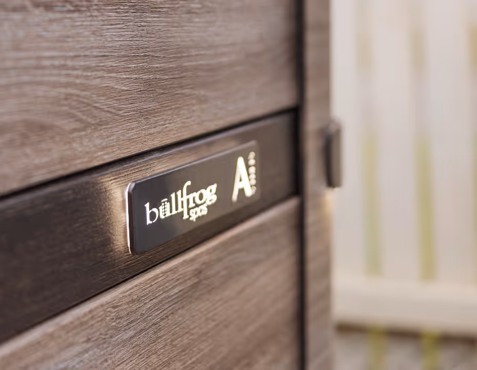 Close-up of the A Series spa unit badge and branding.