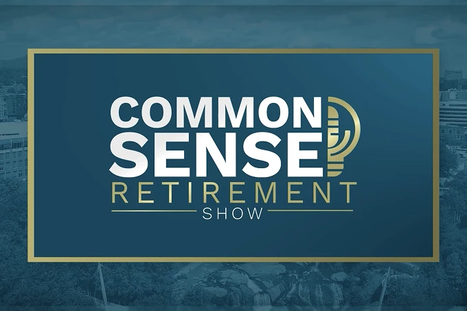 Logo for Common Sense Retirement Show with a stylized microphone icon on a blue background.