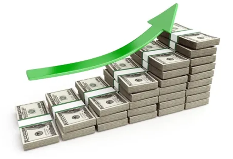 chart arrow going up with stacked money as the growth bars