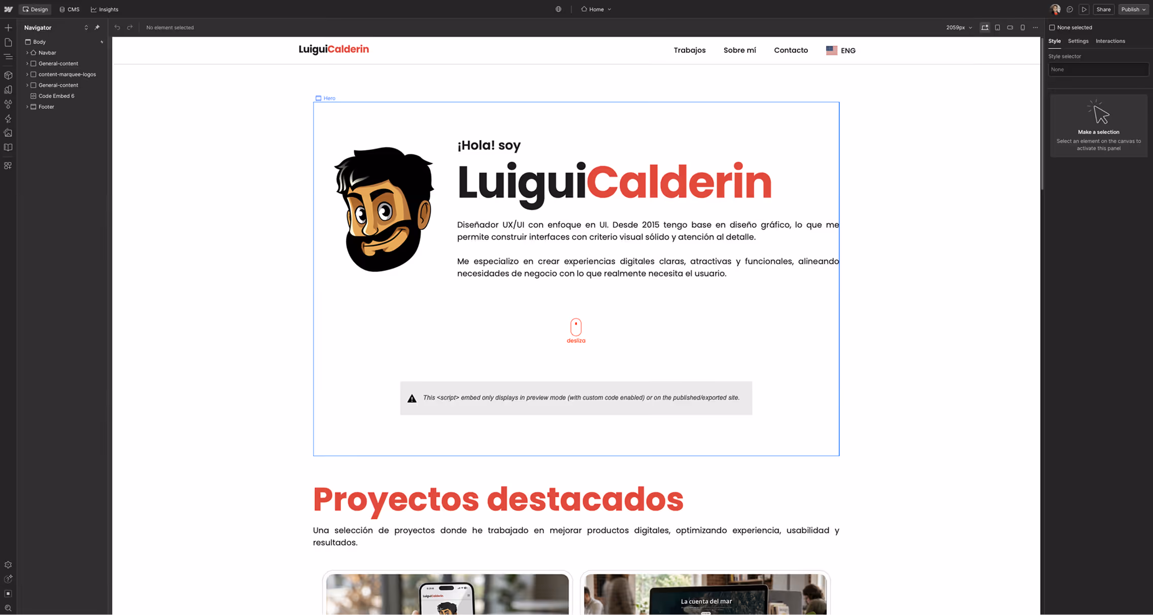 Imagen de espacio de trabajo de mi portafolio personal en Webflow.