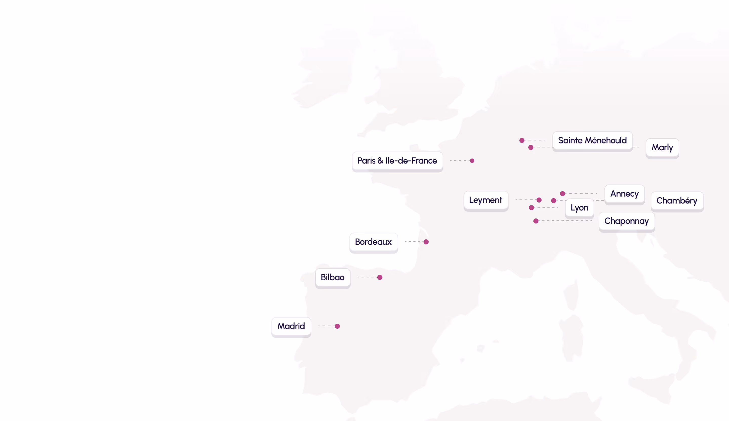 Map highlighting cities in Western Europe including Madrid, Bilbao, Bordeaux, Paris & Ile-de-France, Leyment, Lyon, Chaponnay, Annecy, Chambéry, Sainte Ménehould, and Marly.