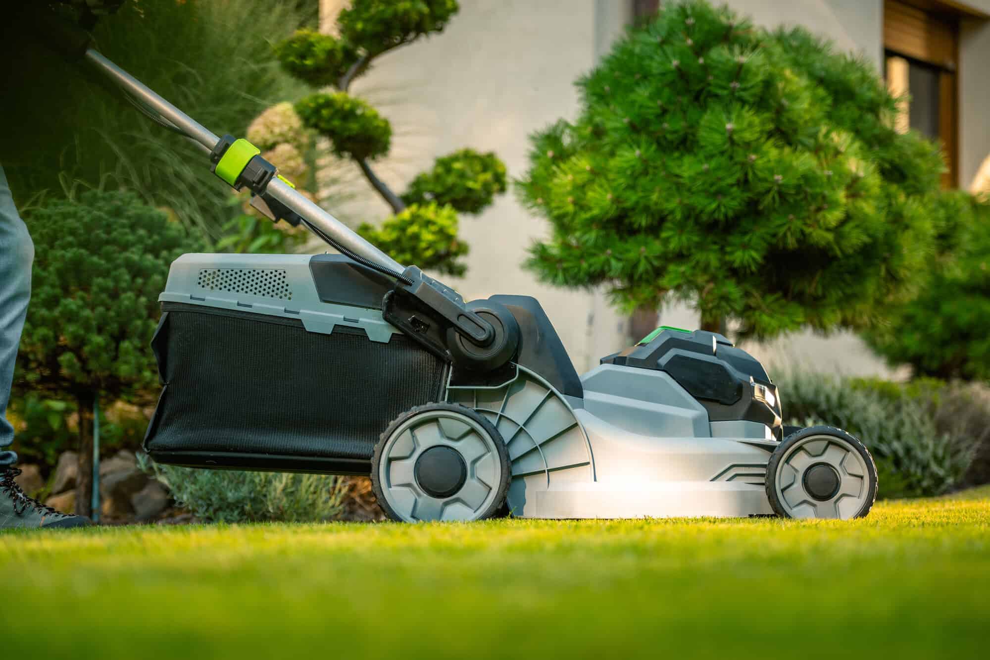 A person mowing a lawn