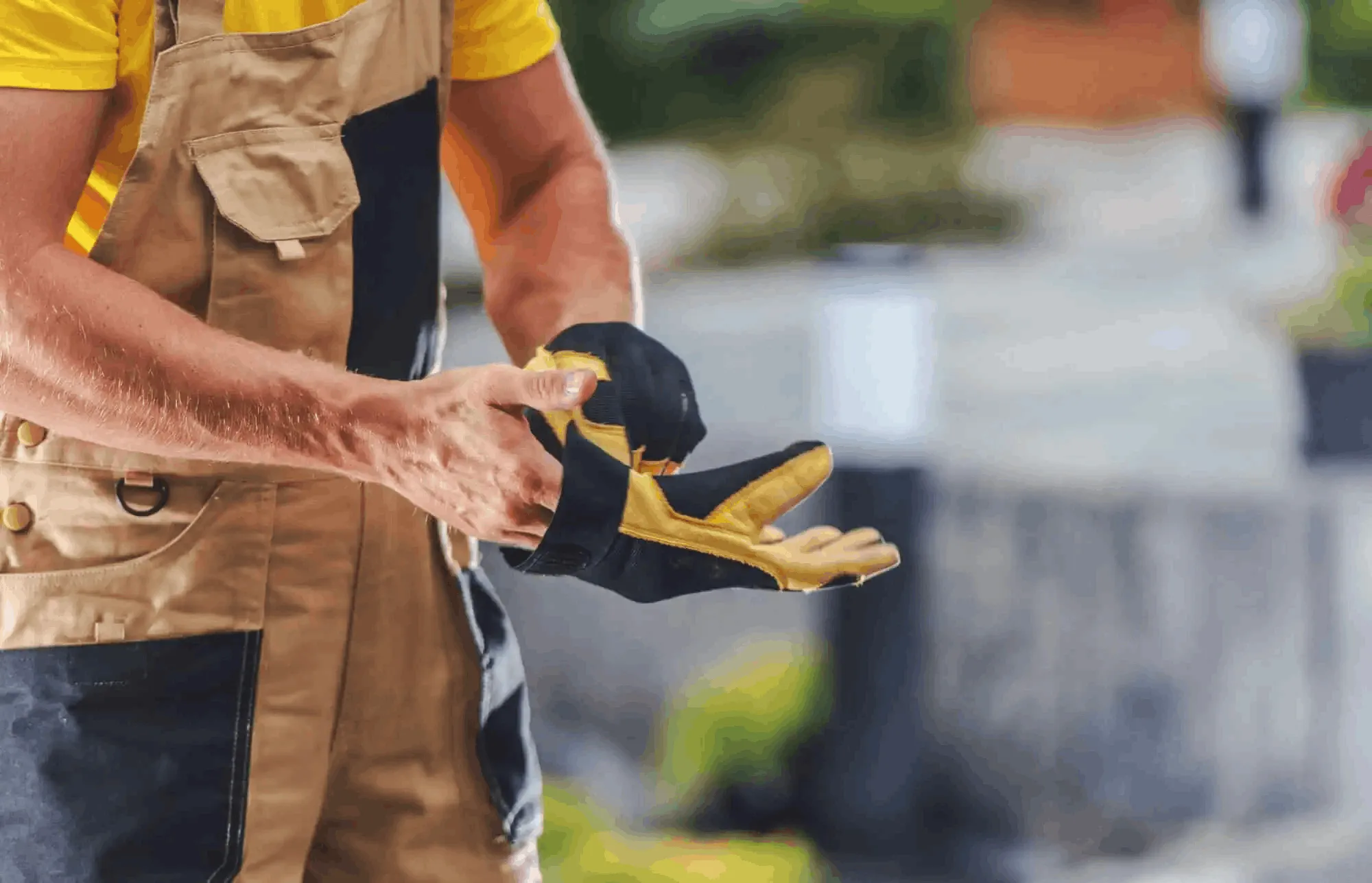 A gardener putting on safety gloves 
