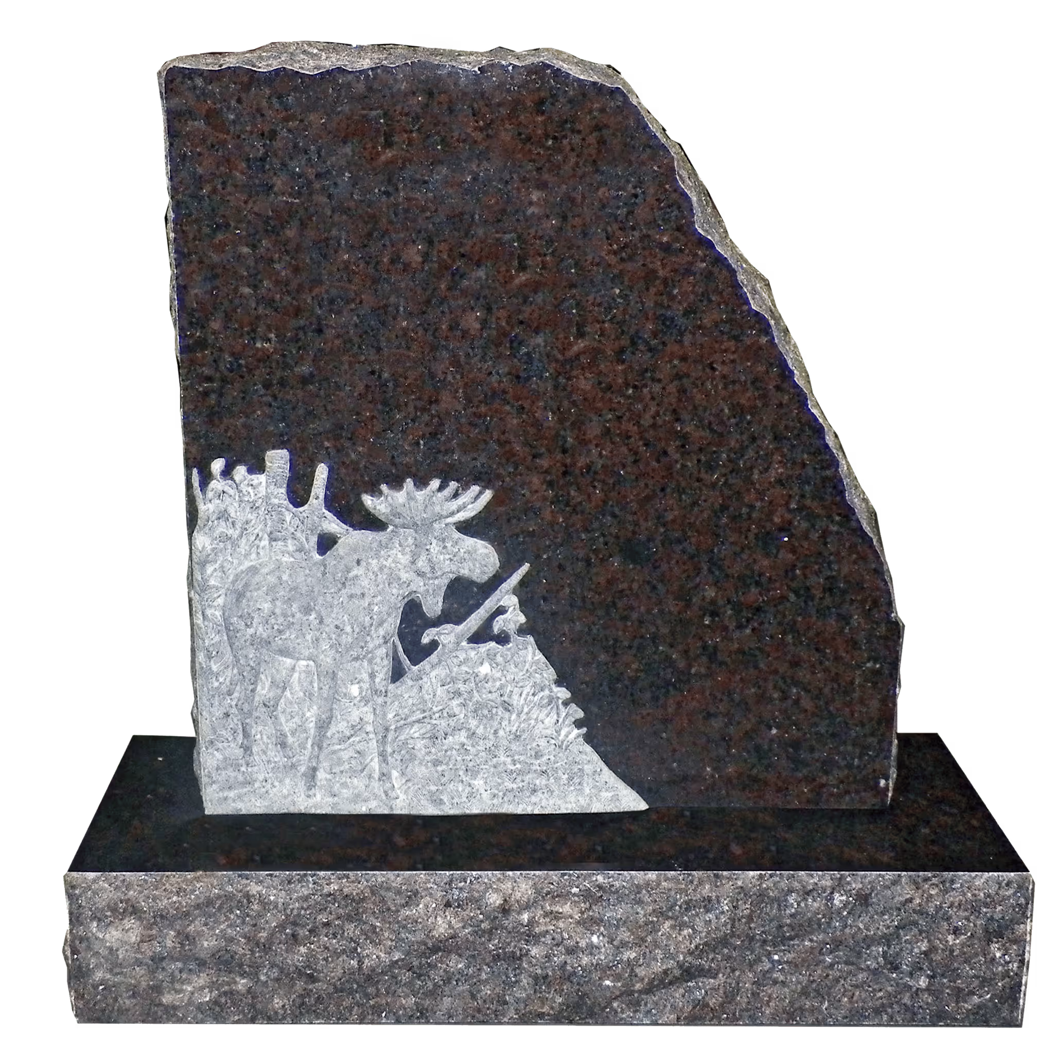granite monument with a moose decoration