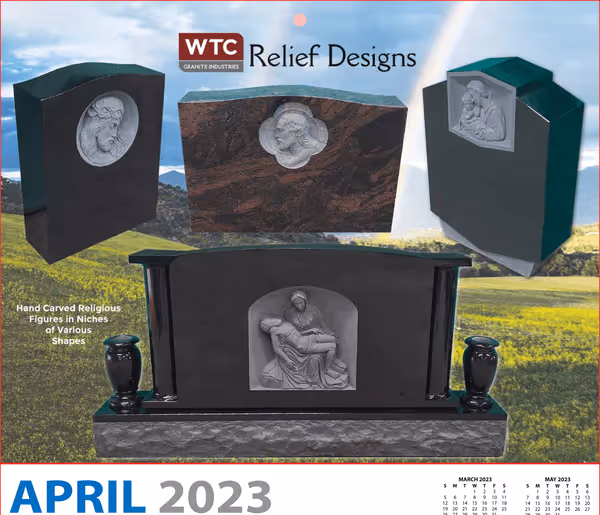 design of an April 2023 calendar featuring multiple relief designs for a monument company