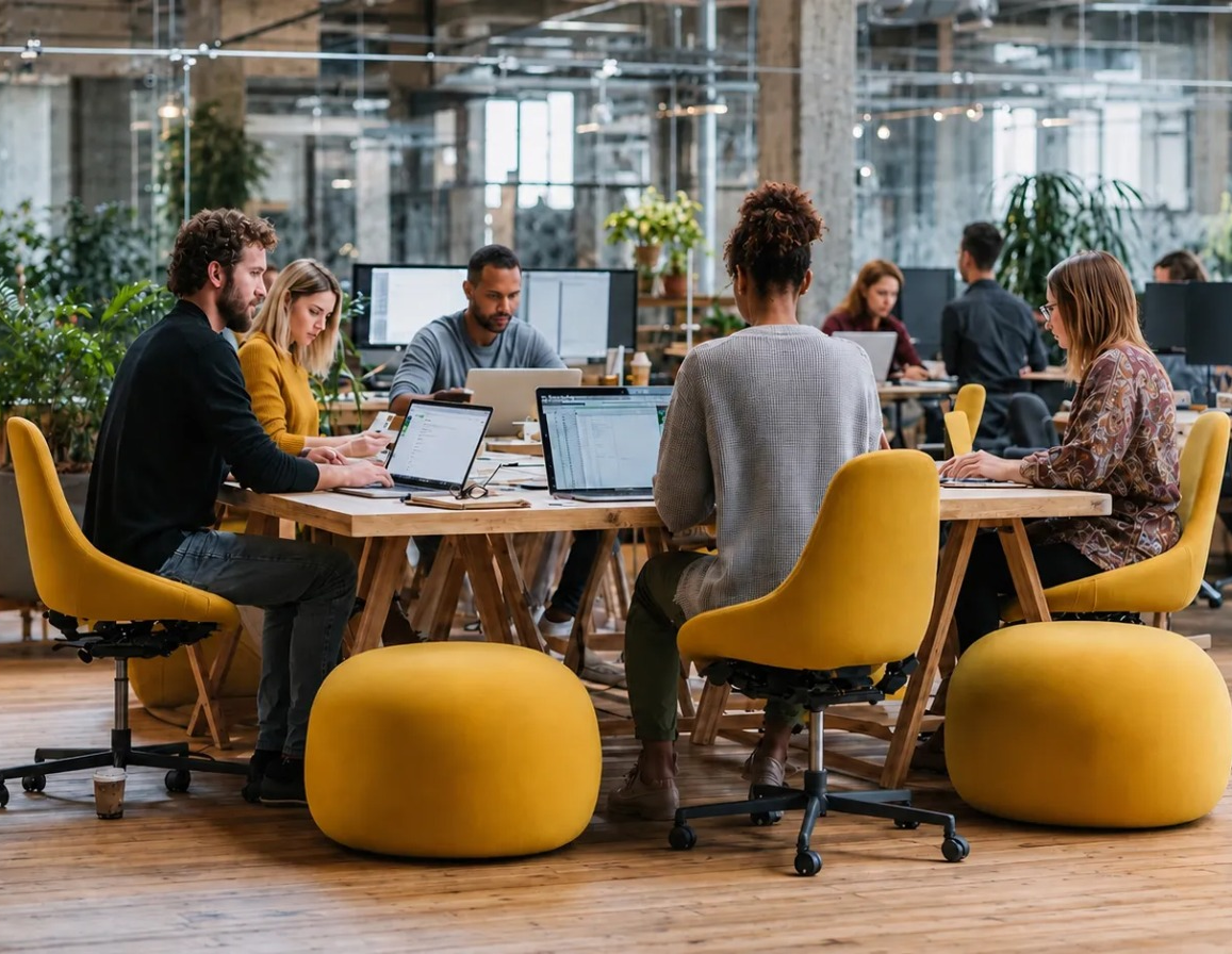 Equipe reunida em discussão de trabalho