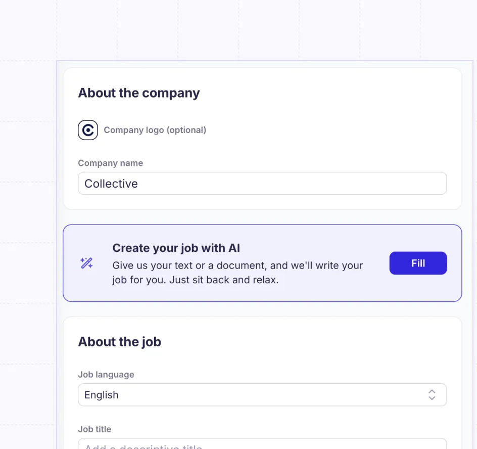 Formulaire en ligne avec section pour le nom de l'entreprise, option de logo, création d'offre d'emploi via IA et détails sur le poste en anglais.