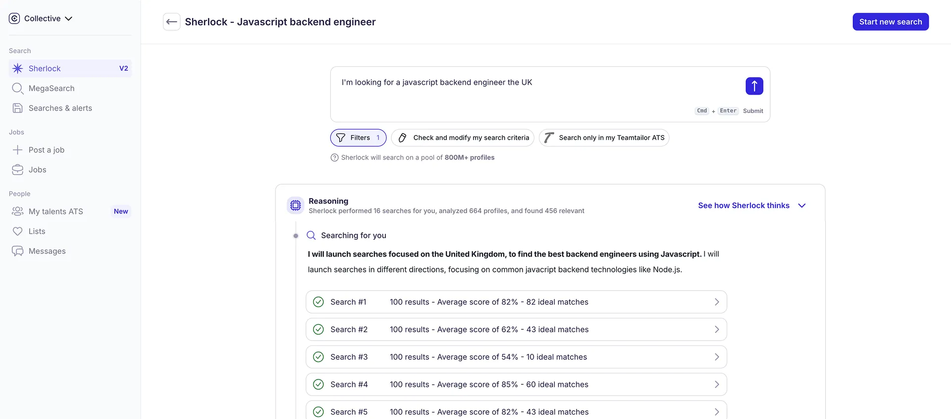 Interface de recherche de profils sur Sherlock V2 avec options de filtrage et historique des recherches de postes techniques pour Paul.