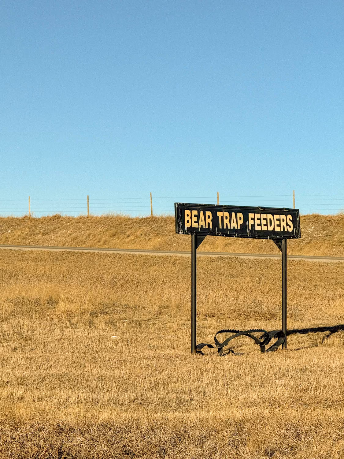 A sign reading 'BEAR TRAP FEEDERS' stands on dry grass under a clear blue sky.