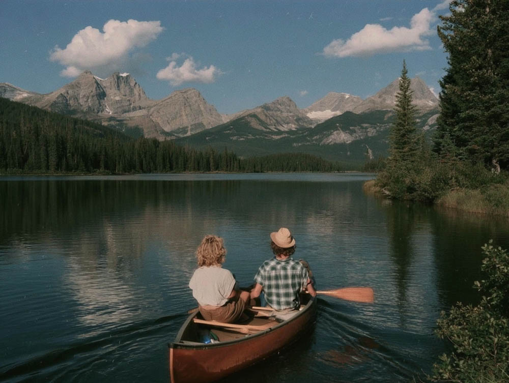 Two people in a canoe paddling on a calm lake surrounded by pine trees and mountains under a blue sky.